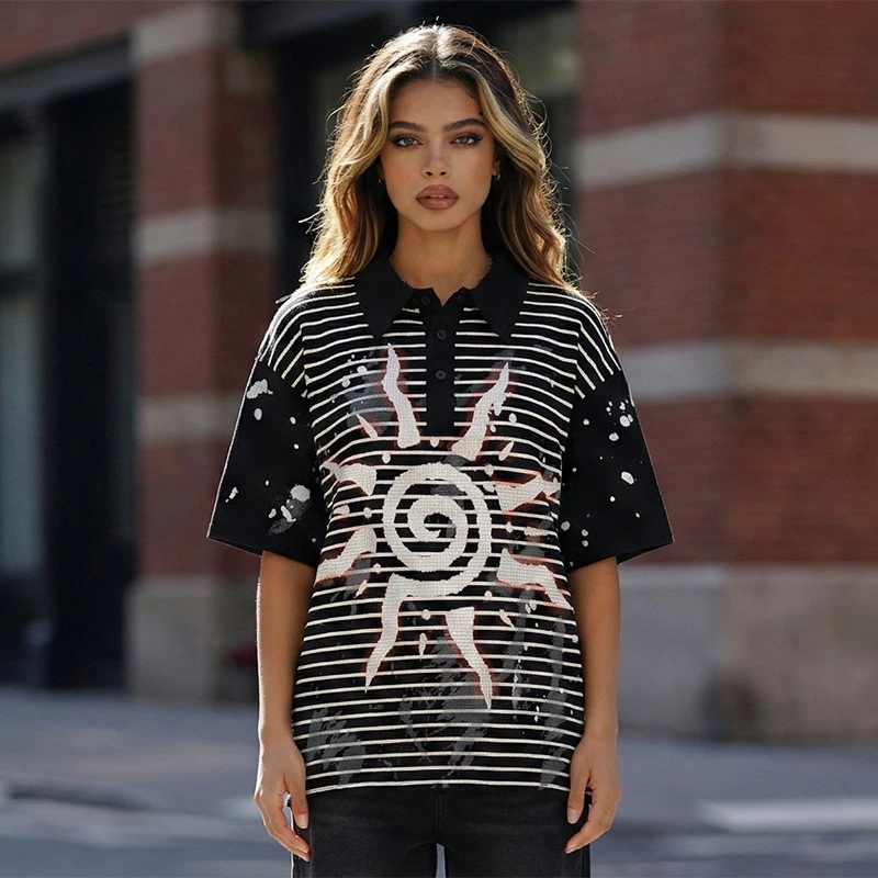 

2026 Streetwear Oversized Striped Polo Shirt Men Spiral Graphic Distressed Cotton T-Shirt Harajuku Grunge Baggy Tops Tees Black