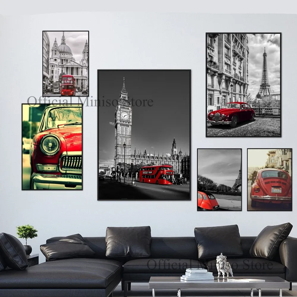 Póster autoadhesivo de París y Londres para decoración de pared, pegatina de papel impermeable, arte retro, coche rojo, blanco y negro, casa de café, Bar y habitación