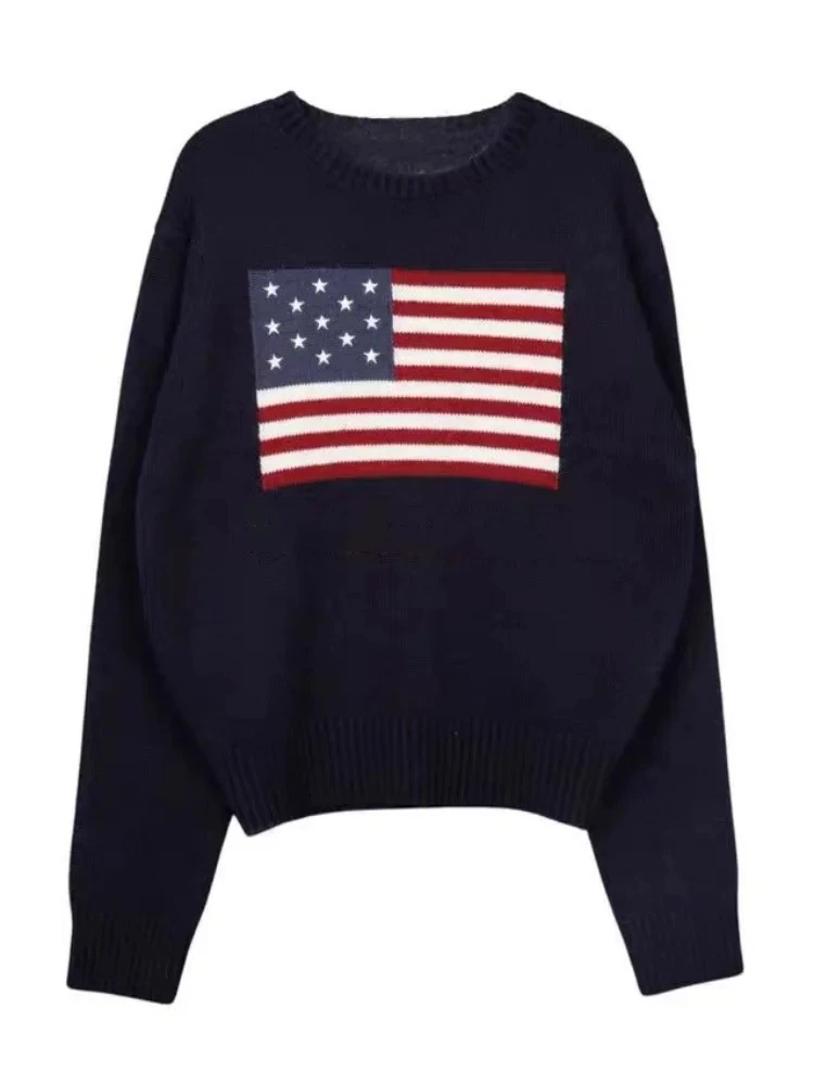 Women's Vintage Flag Pattern Sweater, Loose and Warm Sweater, Long Sleeve, Round Casual Harajuku Pullover, Knitted Street, New,