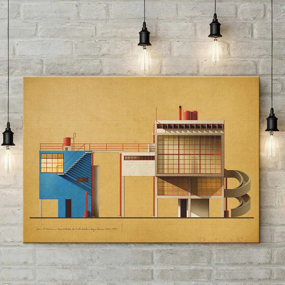 Juan O'Gorman, Casa Estudio de Frida Kahlo y Diego Rivera, pôster de imagem, arte em tela, sala, pintura de parede, decoração de casa