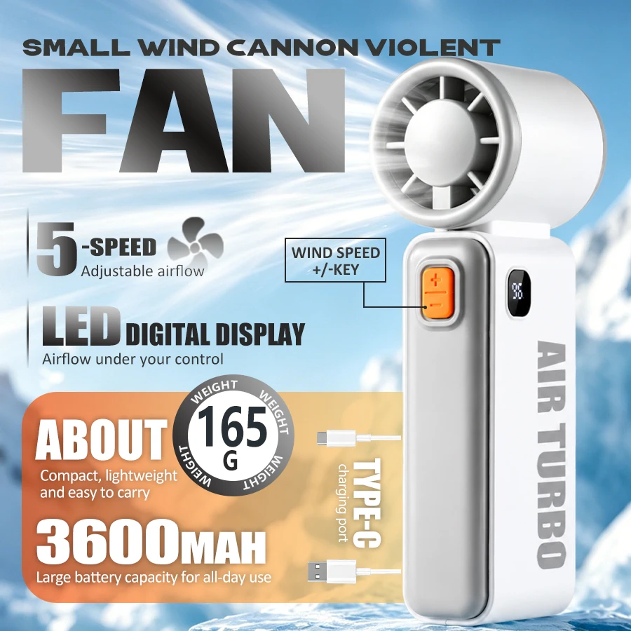 100 Speeds High Speed Handheld Fan, LED Display, 3600mAh Rechargeable, Portable, Quiet, 2-in-1 Handheld & Desktop USB Fan