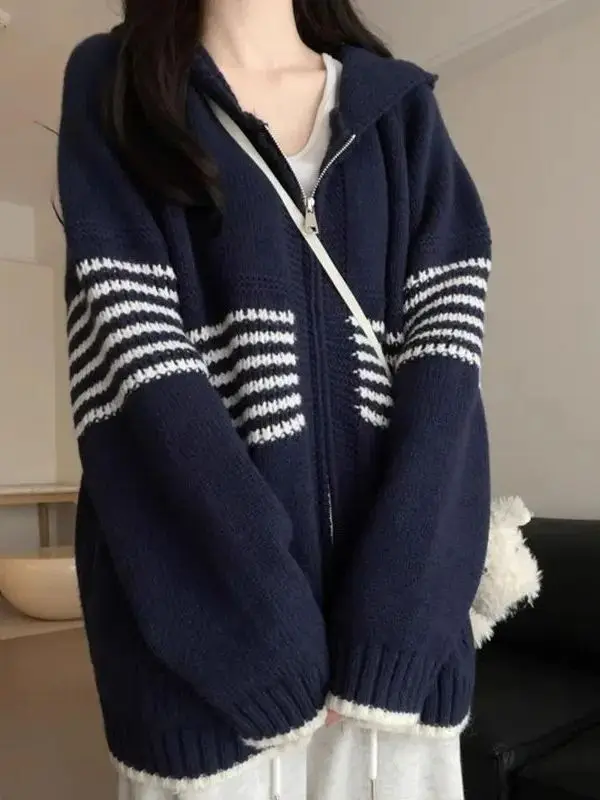 

Женский кардиган оверсайз на молнии с капюшоном, вязаный, в полоску, для полных женщин, повседневный, свободный, свитер-жакет...