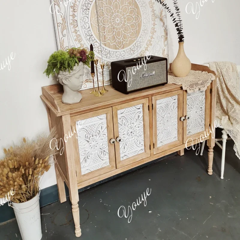 J American French Country Vintage Southeast Asian Solid Wood Iron Carved Chest Of Drawers Side Cabinet Entrance Cabinet Low Dini