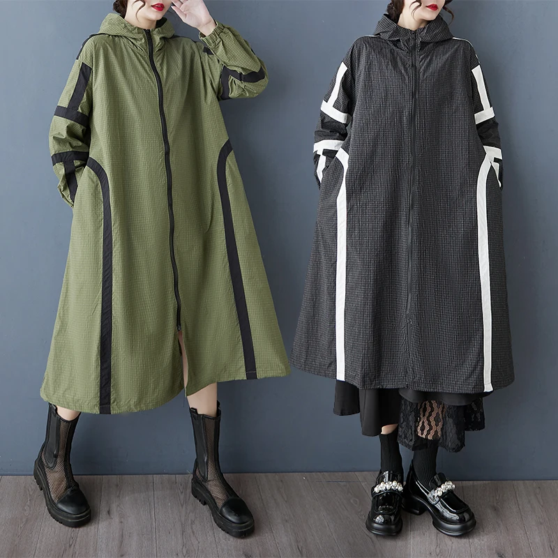 

Women Black Color-block Big Size Long Trench New Hooded Long Sleeve Windbreaker Fashion Tide Spring Autumn 2025