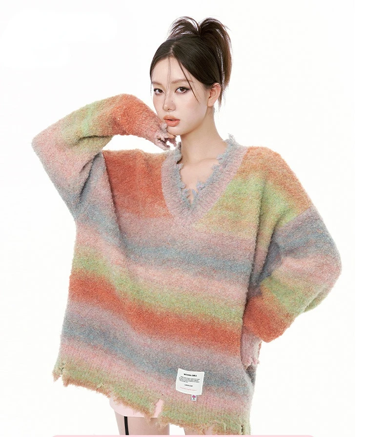 

Original Oil Painting Sweater Women's Loose Versatile Multi-Color V-neck Knitted Inner Match Rainbow Gradient Top