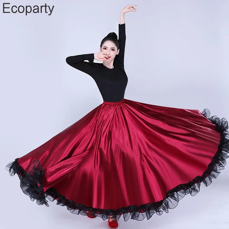 New 720 Degree Satin Skirt Belly Dance Costume Women Spanish Flamenco Long Skirts Big Swing Team Dancing Performance Clothes