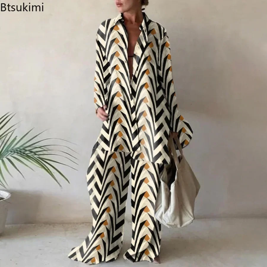 2024 Women's Casual 2 Pieces Pants Sets Fashion Print Long Sleeve Shirts and Straight Leg Pants Sets Two Pieces Female Outfits