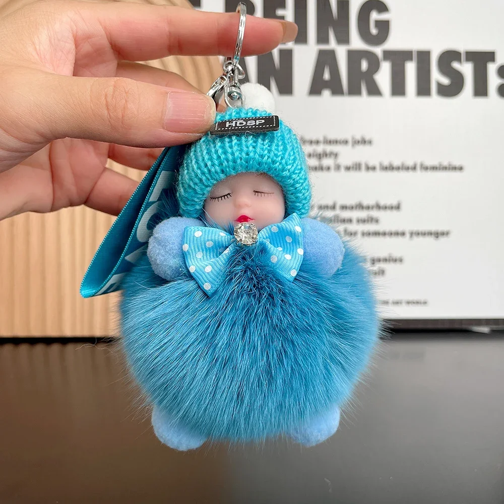 Women Girl Bags Keyrings Fox Fur Pompom Sleeping Baby Keychain Cute Fluffy Plush Doll Keychains Cars Key Ring Gift Charming