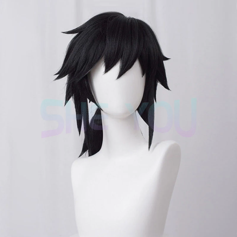 Tomioka Giyuu Cosplay peruca preta longa com rabo de cavalo para homens, cabelo sintético resistente ao calor, perucas anime Halloween, boné