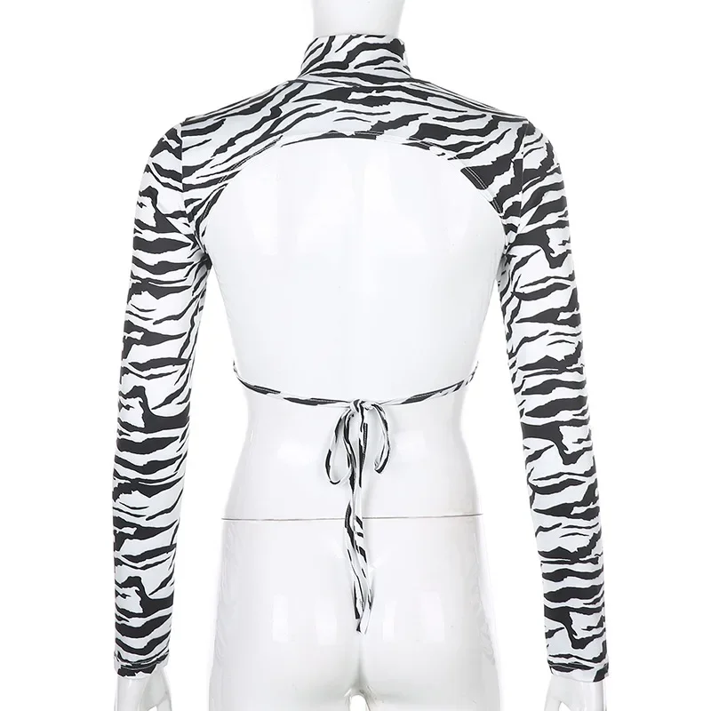 Camiseta recortada sem encosto feminina com estampa zebra, manga comprida, tops de animais, streetwear sexy, moda feminina, nova