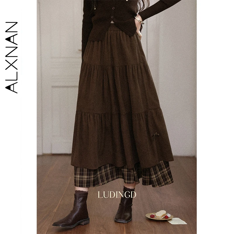 ALXNAN Fleece-lined Midi Skirt Brown Plaid Patchwork Long Skirt Fashion Vintage Elastic Waist Bow Slit Women's Clothing L57227-3