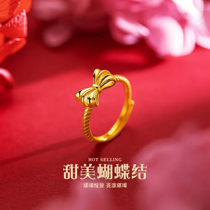 

9999 Real Gold 24K Hot Push Fresh Sweet Premium Bow Female Ring Student Fashion Cute Live Ring