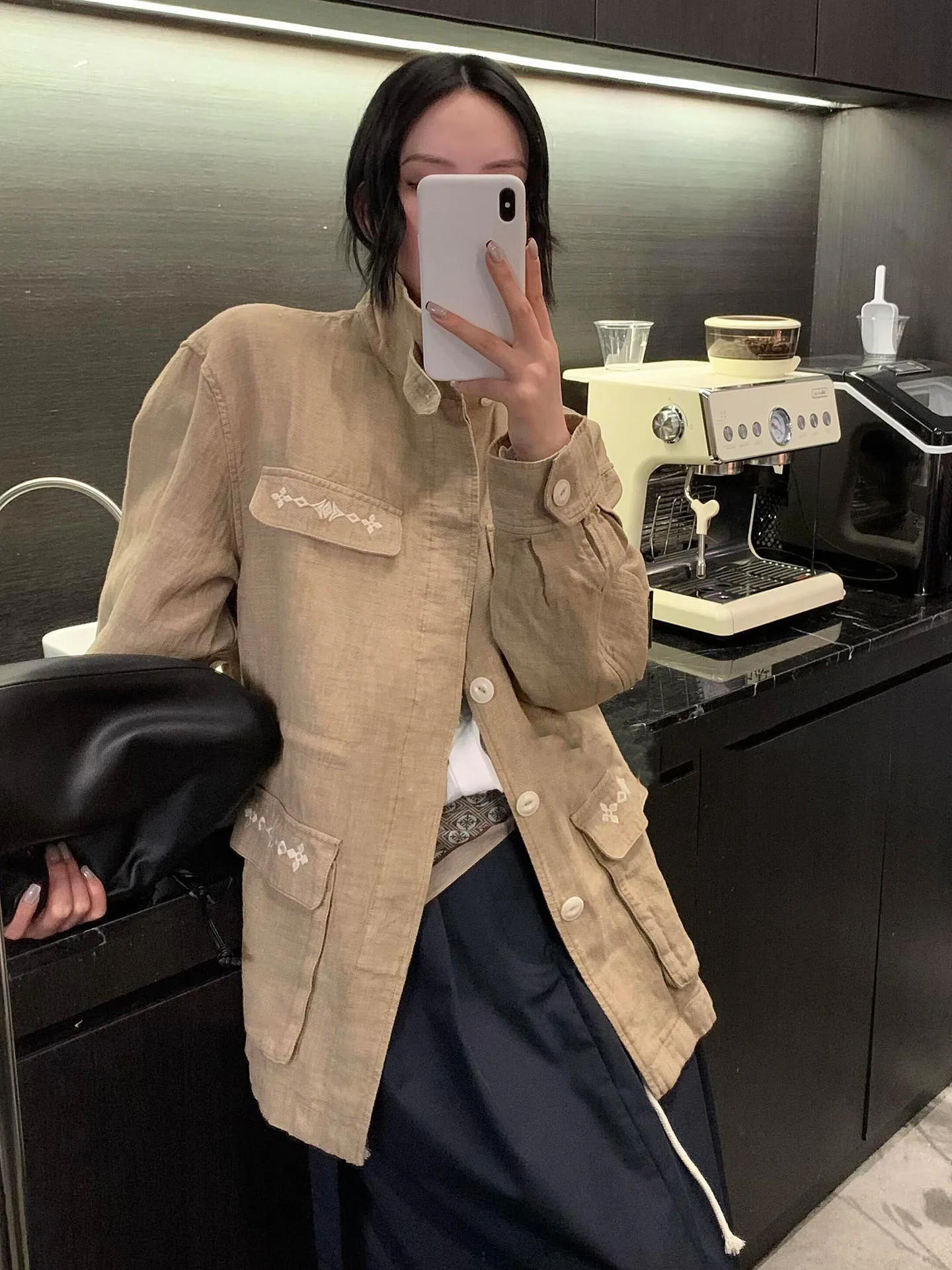 

Retro Workwear Sle i Color Stand Collar Jaet Women's Loose Fit Spring New High End Feeling Elegance Jaet Top