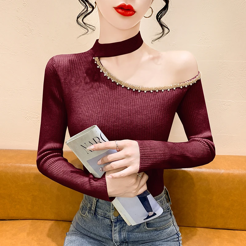 

Autumn Winter Women Pullovers Sweater New Fashion Beaded Hollow Out Knitted Shirt Half High Collar Casual Lady Tops