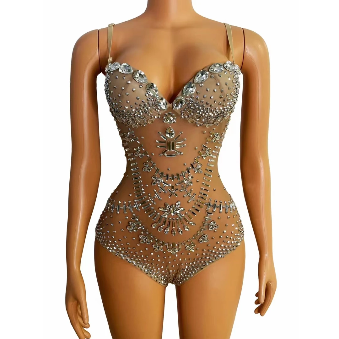 

See Through Mesh Rhinestone Bodysuit Party Club Pole Dance Leotard Corset Jumpsuit Sexy Jumpsuits for Women