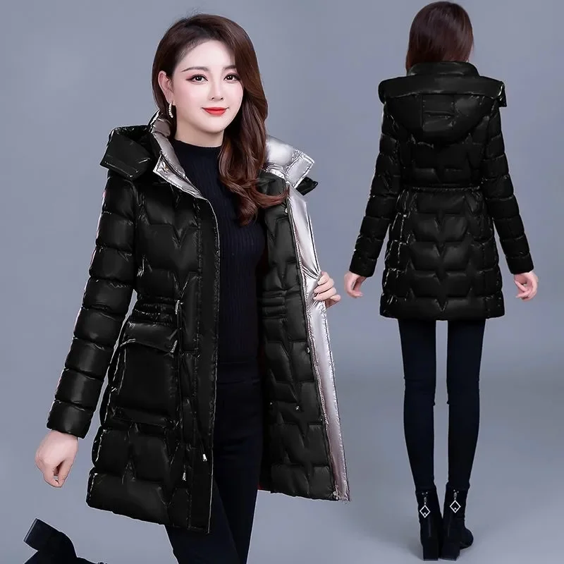 Winter Glossy Snow Jacket Women\'s Down Cotton Slim Hooded Coat Mother Warm Mid Long Overcoat Fashion Female Thicke Parkas Jacket