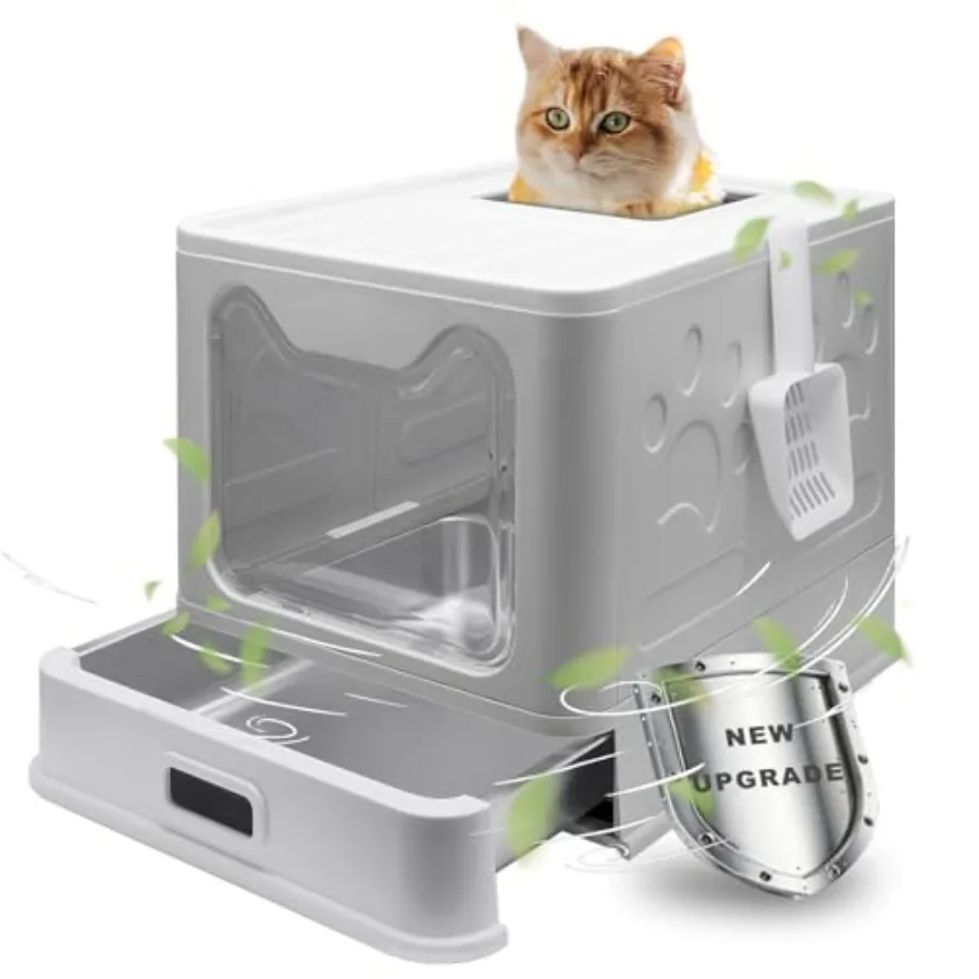 

Stainless Steel Litter Box Foldable Enclosed Cat Litter Box with Lid Large Top Exit Design with Pull-Out Drawer and Scoop Easy