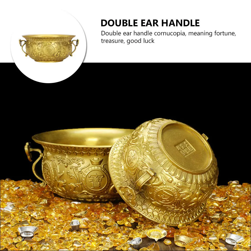 

1Pcs Brass Cornucopia Ornament Exquisite Carved Fish Insects Birds Double Ear Handle Fortune Treasure Office Home Desktop
