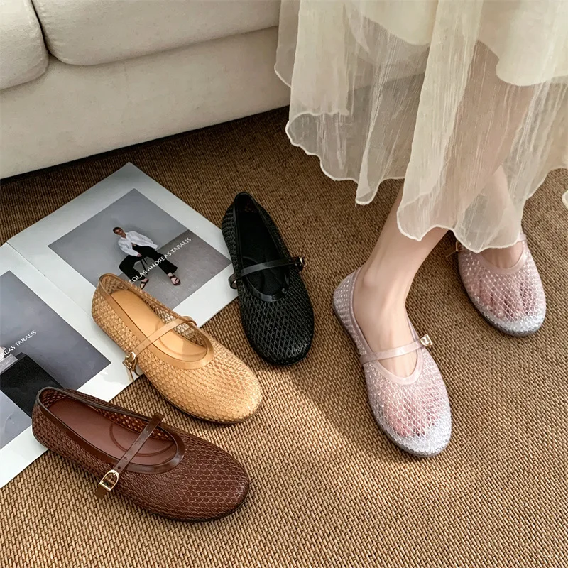 Korean One Strap Hollow Mary Jane Slide Sandals French Sweet Ins Woven Fishnet Women Flats Outdoor Waterproof Clogs
