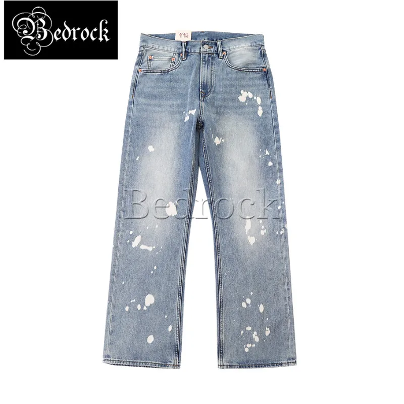 MBBCAR 11oz Summer Jeans Men Boot Cut Vintage Spicy Ink Print Flare Trousers Light Blue Selvedge Denim Bell-bottoms Jeans 7497