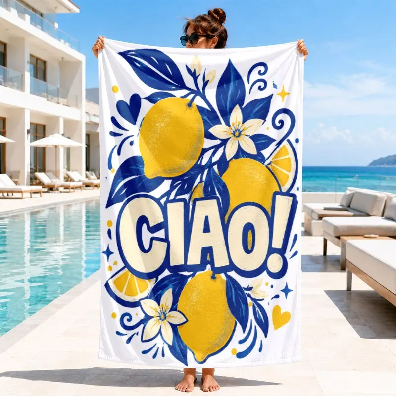 Navy Line Art Lemon Floral Ciao Exclamation Letter Beach Towel Quick Dry Lightweight Towel For Mediterranean Style Seaside
