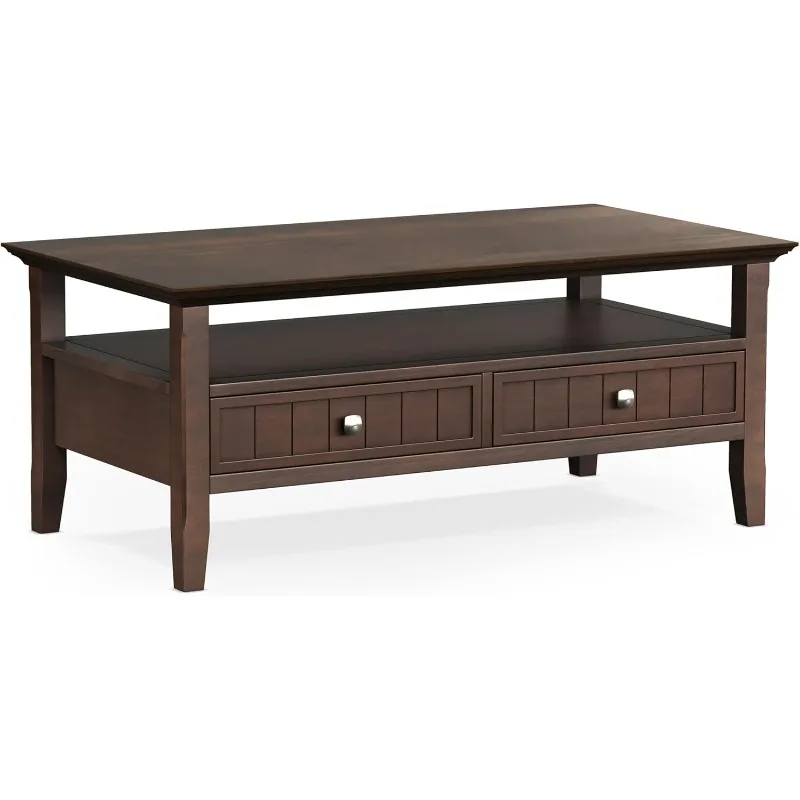 SIMPLIHOME Acadian Solid Wood 48 Inch Wide Rectangle Transitional Coffee Table with Drawer in Brunette Brown