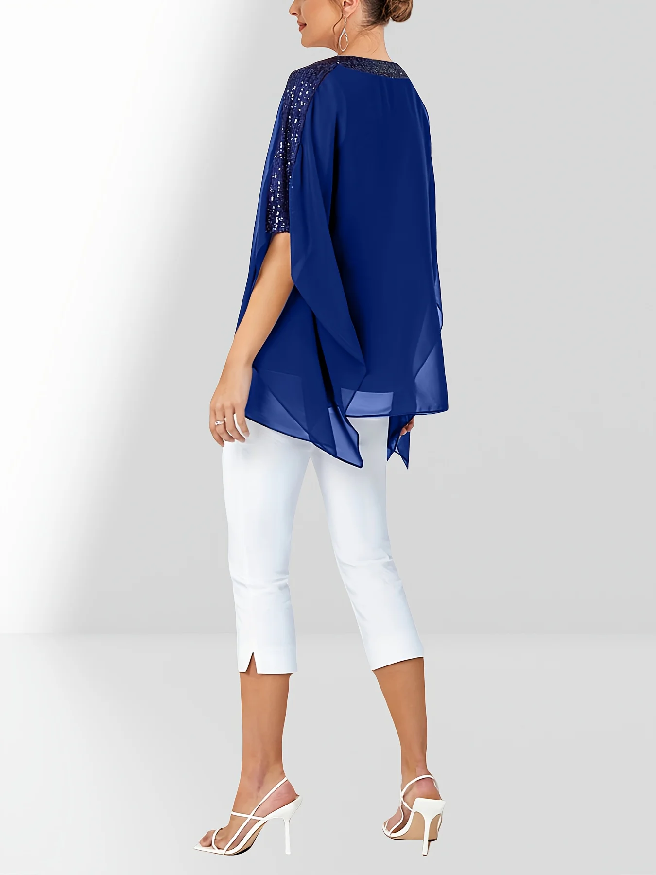 

Plus Size Women's Mesh Sequins V-Neck Elegant Shirt Blouse Split Batwing Sleeve Solid Tierred Irregular Summer Casual Top