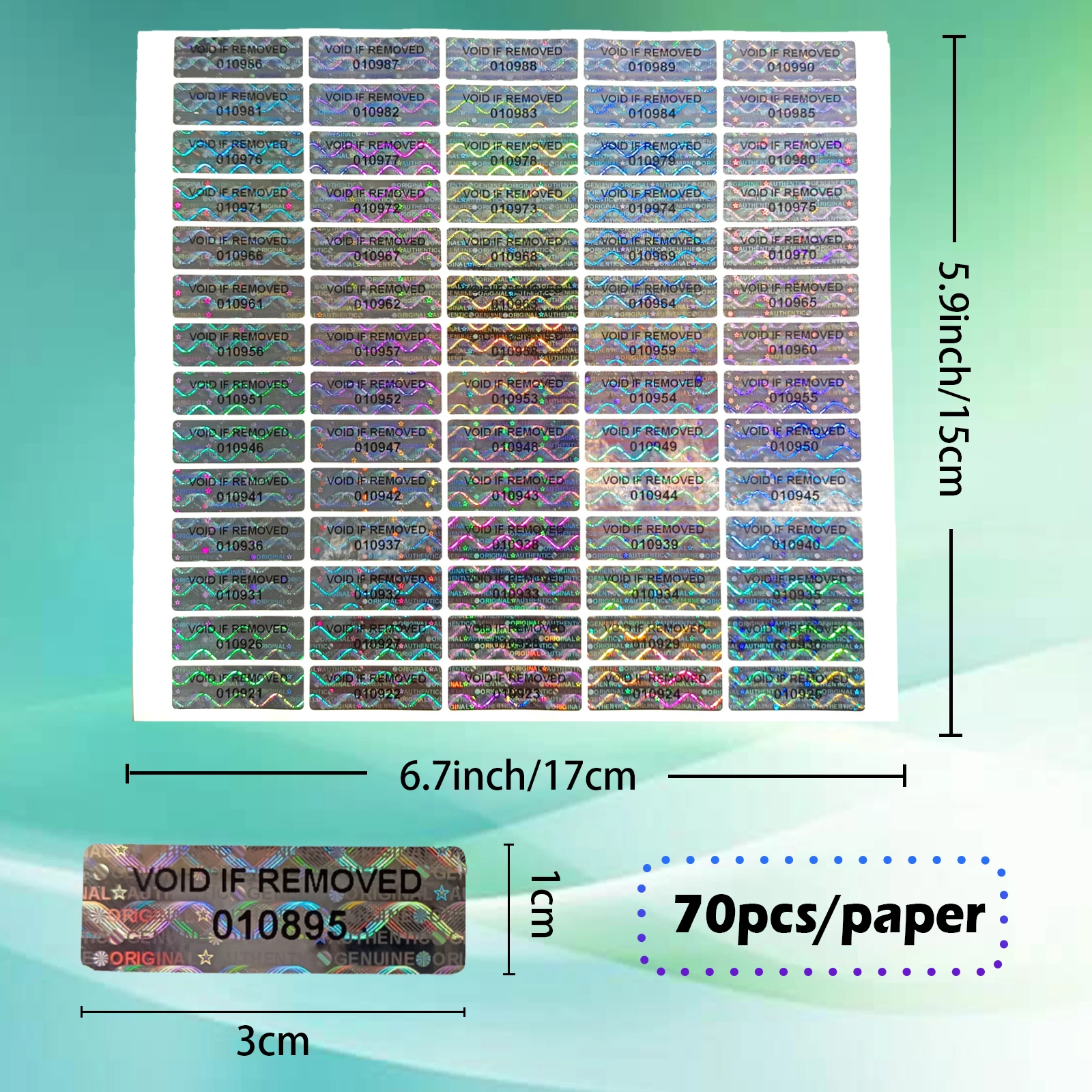 Holographic Security Seals, Tamper-Proof Labels with Unique Serial Number, Safe Warranty Sticker, Void Seal, Silver, 1x3 cm