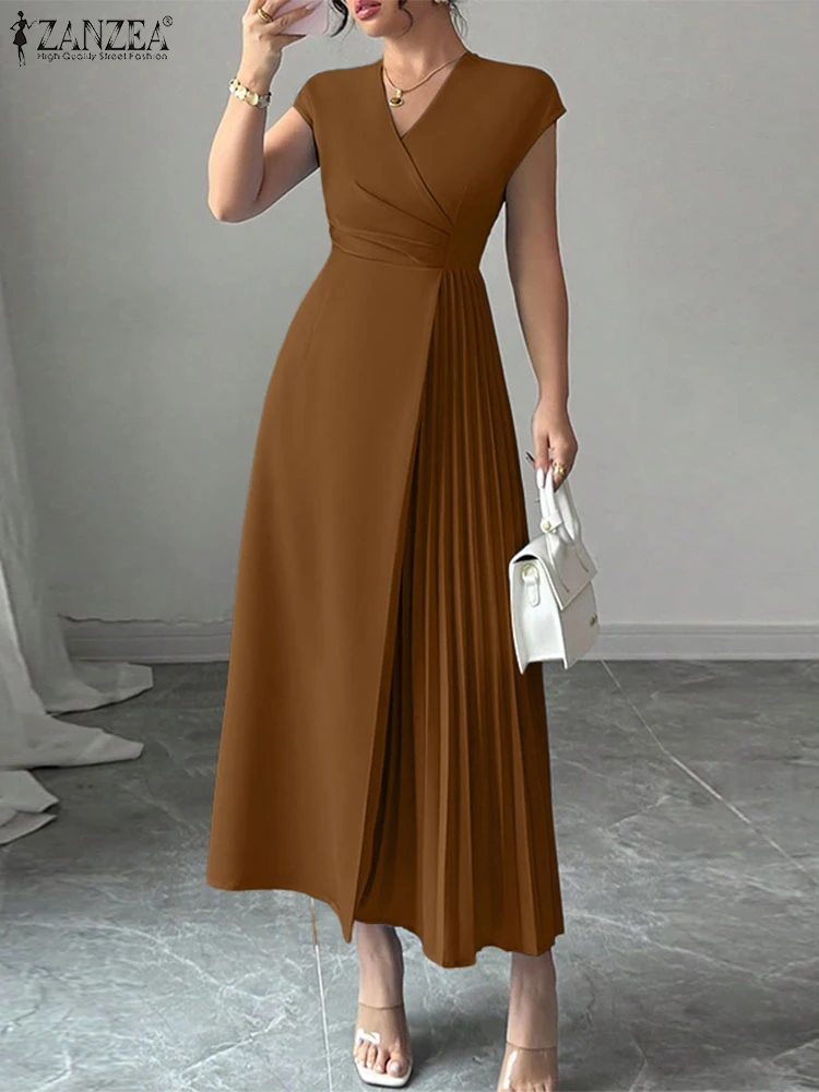 ZANZEA スタイリッシュな V ネックウエストパーティードレスエレガントな女性のドレス 2025 ノースリーブサンドレス固体プリーツローブマキシロング Vestidos