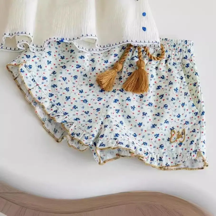 

Kids Children 2pcs Casual Birthday Clothes 2025 Baby Girls Summer Clothing Set Love Embroidery Tops Slip Shirts+flowers Shorts