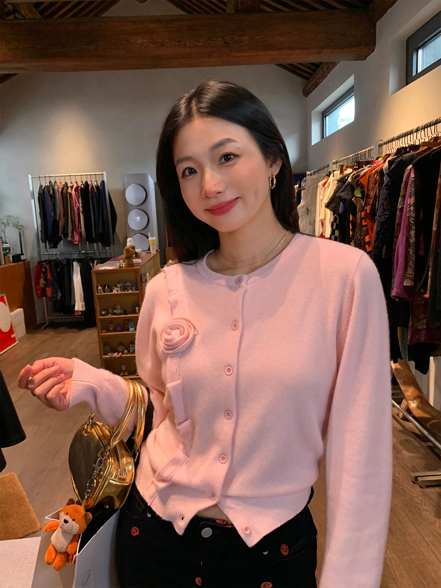 

Autumn Winter Woolen Knitted Sweater Cardigan Inner Wear Small Size Design Sense Long Sleeve round Neck Short Length Coat