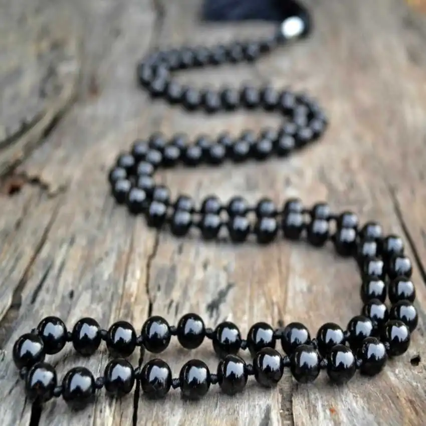 8mm Natural Black round Tourmaline 108 knot bracelet Yoga Mala Enthusiasts Gemstone Lariat Men's Yoga Prayer