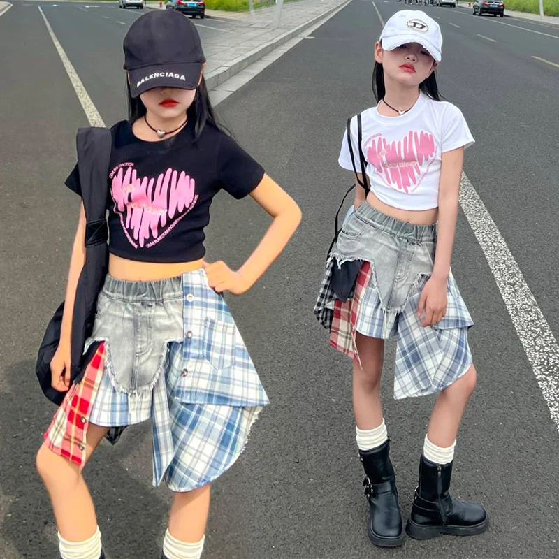 

summer teenager girls skirts sets cotton t-shirt+Irregular plaid patchwork denim skirt 2pcs junior kids suit children outfits 12