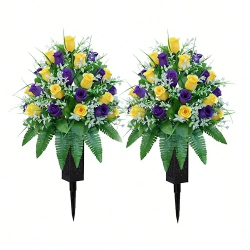 

Artificial Cemetery Flowers Gravesite Decoration Roses Memorial Bouquets With Cemetery Vase Vibrant And Long-Lasting Colors
