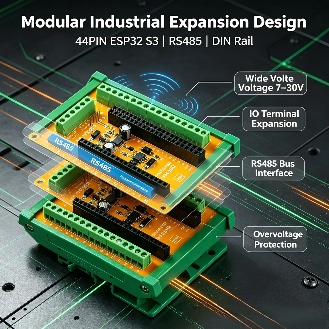 DNS3485 44Pin ESP32 S3 RS485 Expansion Board DC7-30V DIN Rail Mount 3.96mm Terminal Block For Industrial Control Project