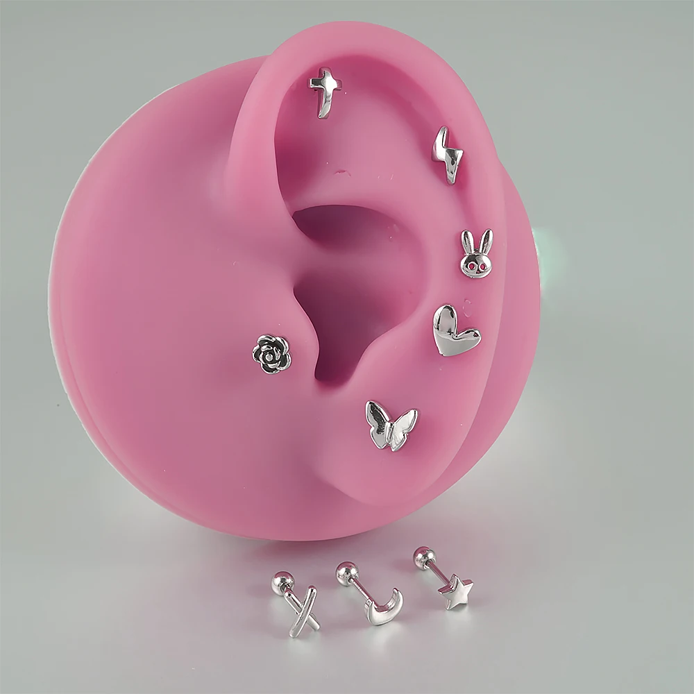 Surgical Steel Ear Barbell Helix Piercing Cartilage Ear Lobe Tragus Stud Earring Heart Rabbit Moon Rose Cross Earring Jewelry