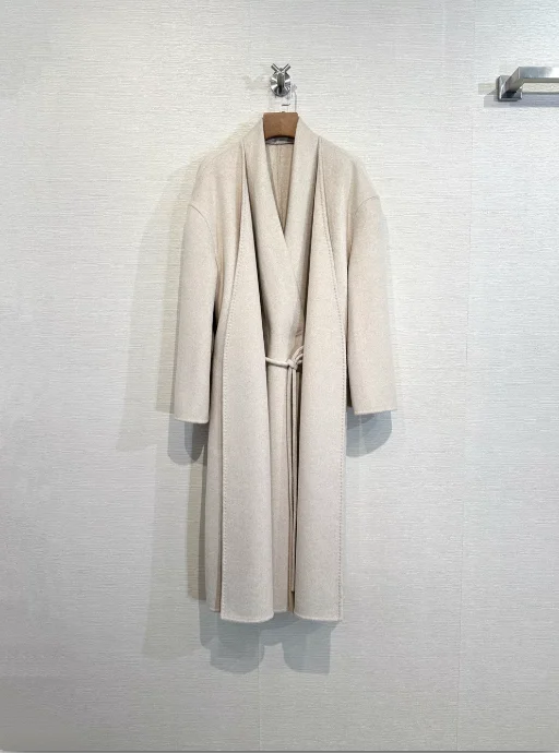Quiet Luxury Double-Faced Cashmere Wool Coat Women Elegant Cream Beige Handmade Wrap Long Overcoat With Belt Fall Winter