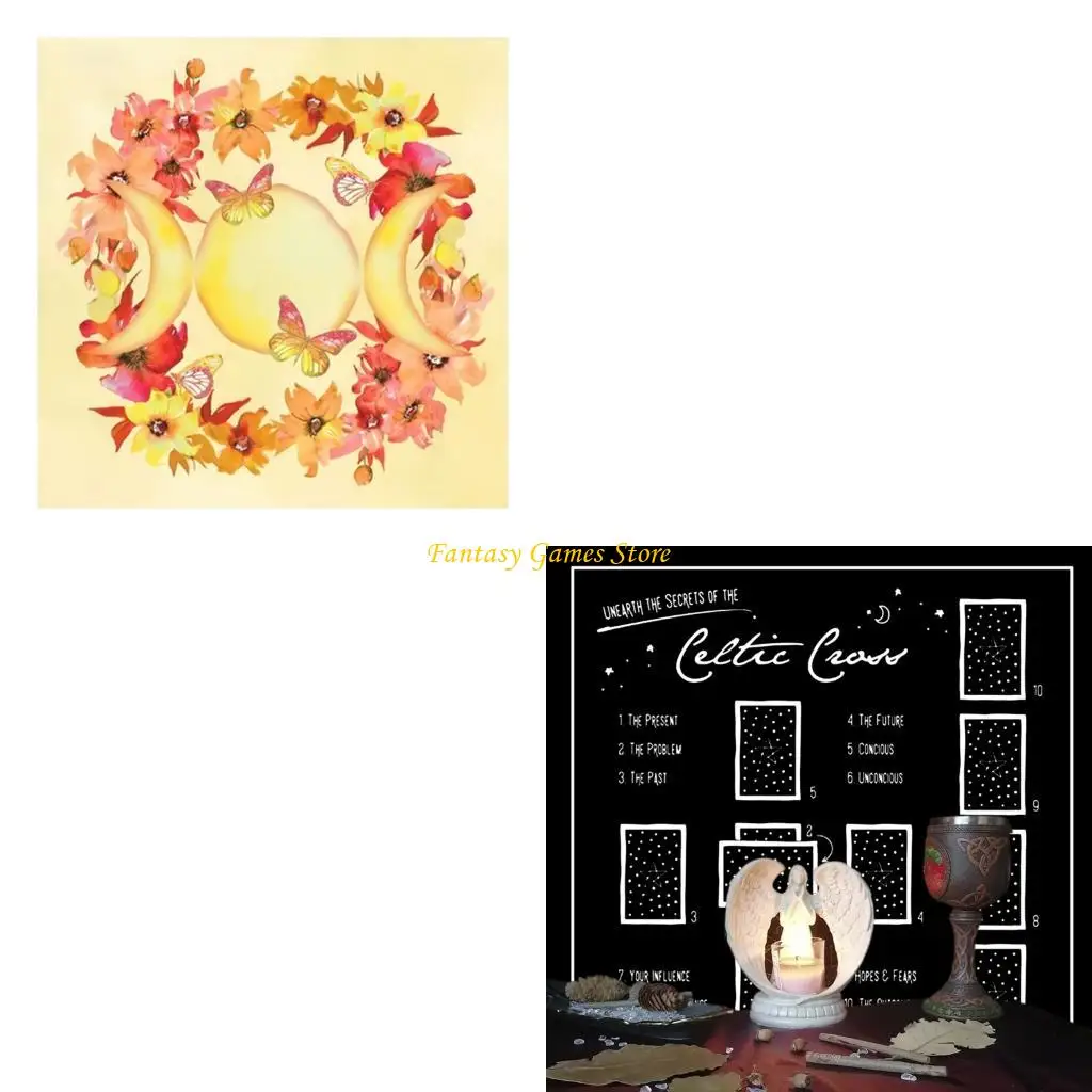 

R66E Tarots Tablecloth Tapestry Moon Flower Pattern Altars Cloth Witchcrafts Supplies