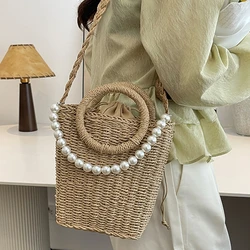 Summer Hand Woven Straw Bag Beach Women Tote Bags Vintage Pearl Basket Rattan Handbag Vacation Shoulder Crossbody Basket New2024