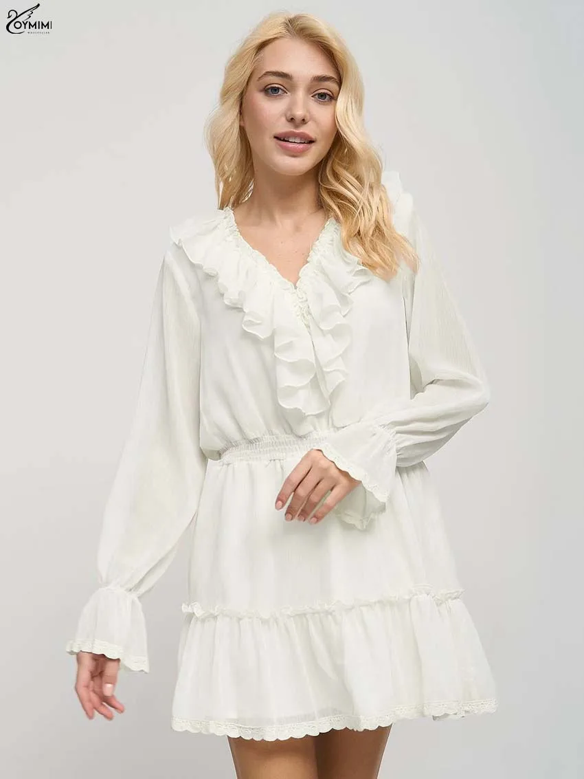 

Oymimi Casual Apricot Lace Dresses For Woman Fashion V-Neck Ruffled Long Sleeve Dresses Elegant High Waist Pleated Mini Dress