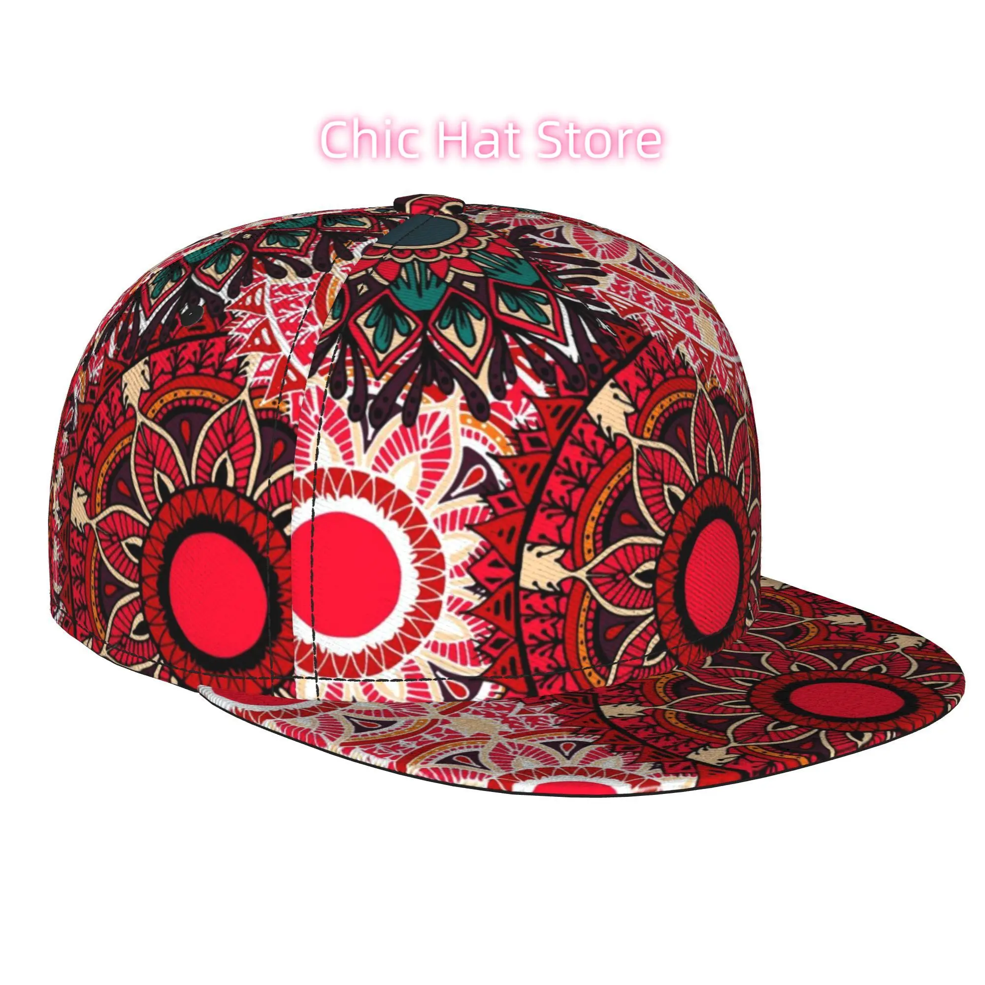 1pc Red Mandala Pattern Fully Printed Hip-Hop Cap, Stylish Flat-Brimmed Baseball Cap, Trucker Caps Baseball Caps
