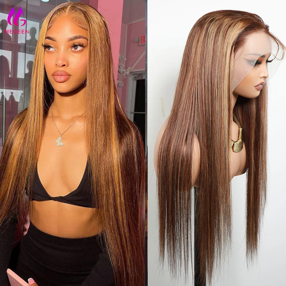 

Megeen Lace Frontal Wig 100% Human Hair Highlight P4/27 Colored Straight 13X4 Lace Front Wig Human Hair Pre Plucked Honey Blonde