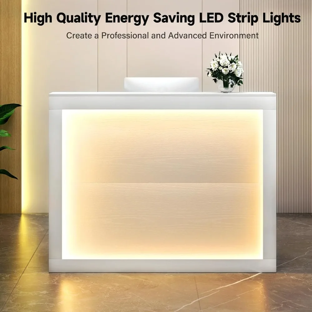 Reception Desk with LED Lights, 55'' Retail Counter Modern with Storage Shelves and Cable Grommet, Front Table, Salon