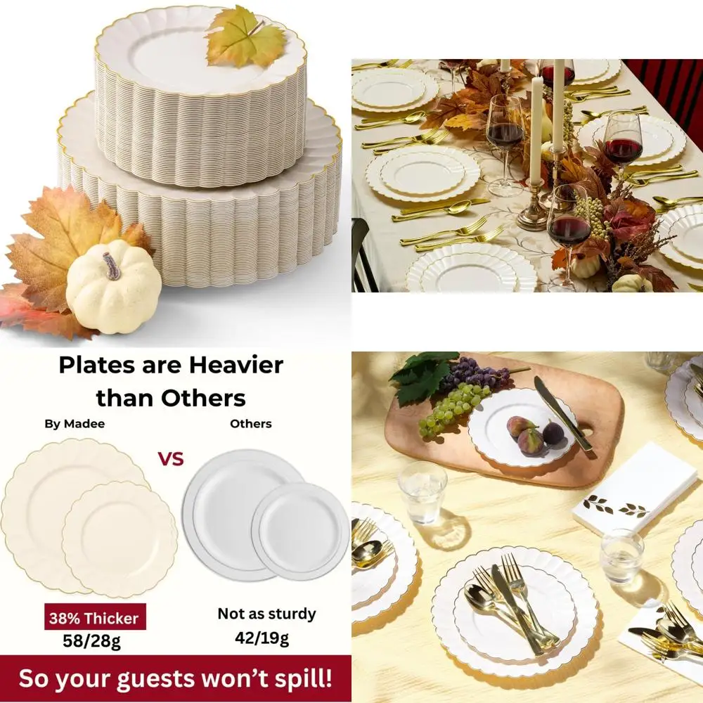 

100 упаковок пластиковых тарелок цвета слоновой кости с золотой отделкой, одноразовые зубчатые тарелки для вечеринок, тяжелый вес для праздничных торжеств