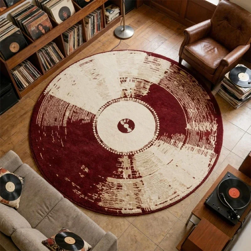 Round Living Room Carpet Non-slip Machine Washable Soft Floor Mat Retro Vintage Distressed Record Rug Large Size Home Decor Mats