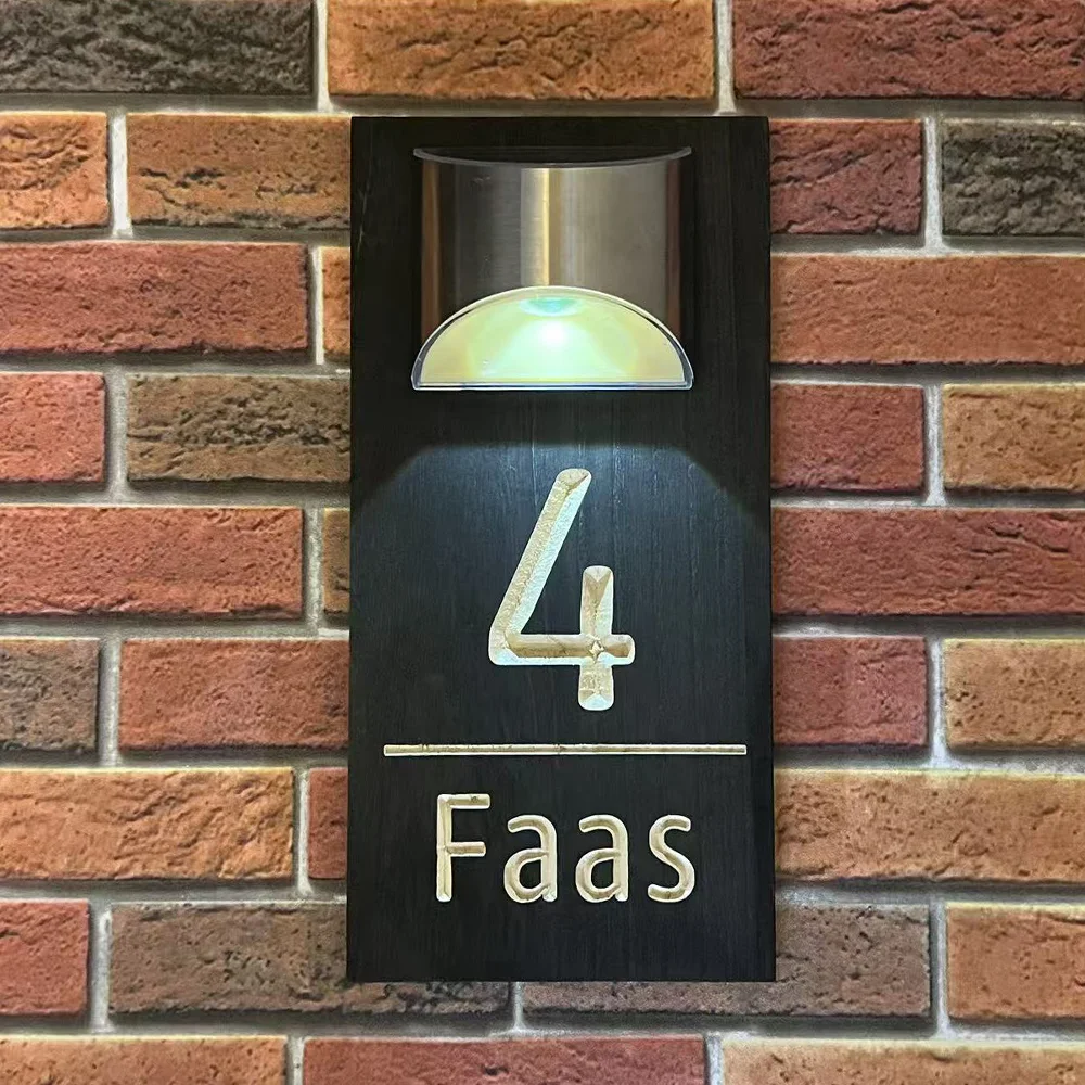 

Деревянный солнечный номерной знак дома — выгравированный уличный входной знак для дома, внешние номера дома с солнечными фонарями, индивидуальный знак