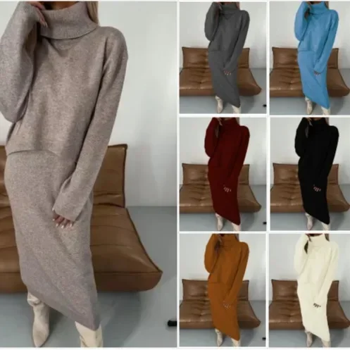 

New Sweater Dress Autumn and Winter Turtleneck Long Dress Two-piece Set Solid Color Knitted Dress