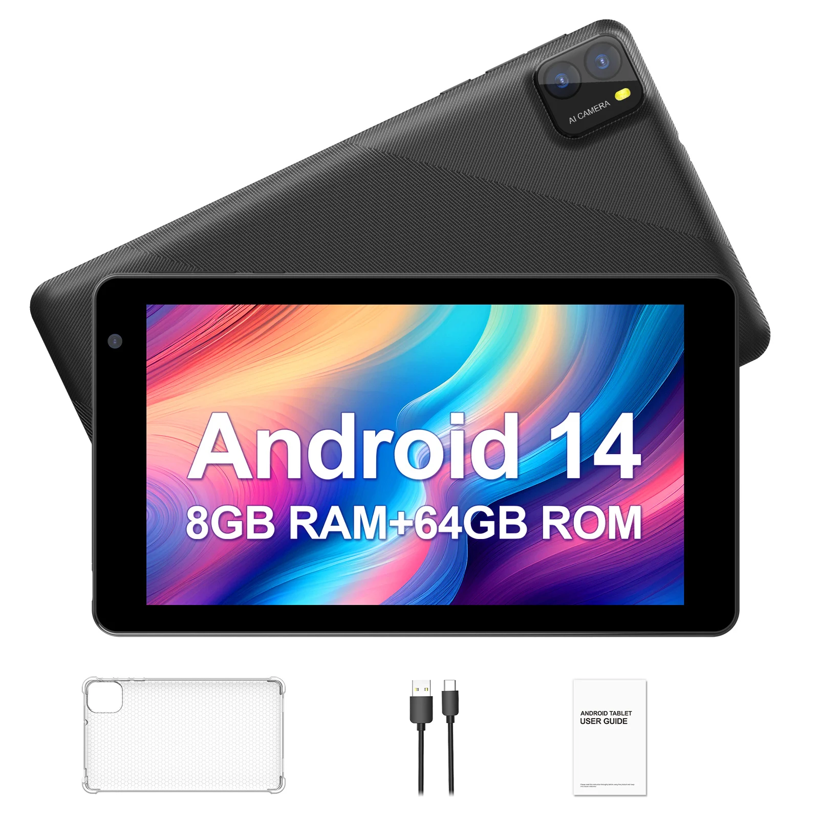 

7-inch Android 14 tablet, 8GB (3g+5g memory expansion) RAM+64GB ROM, dual cameras, WiFi, Bluetooth, 3500 mAh battery