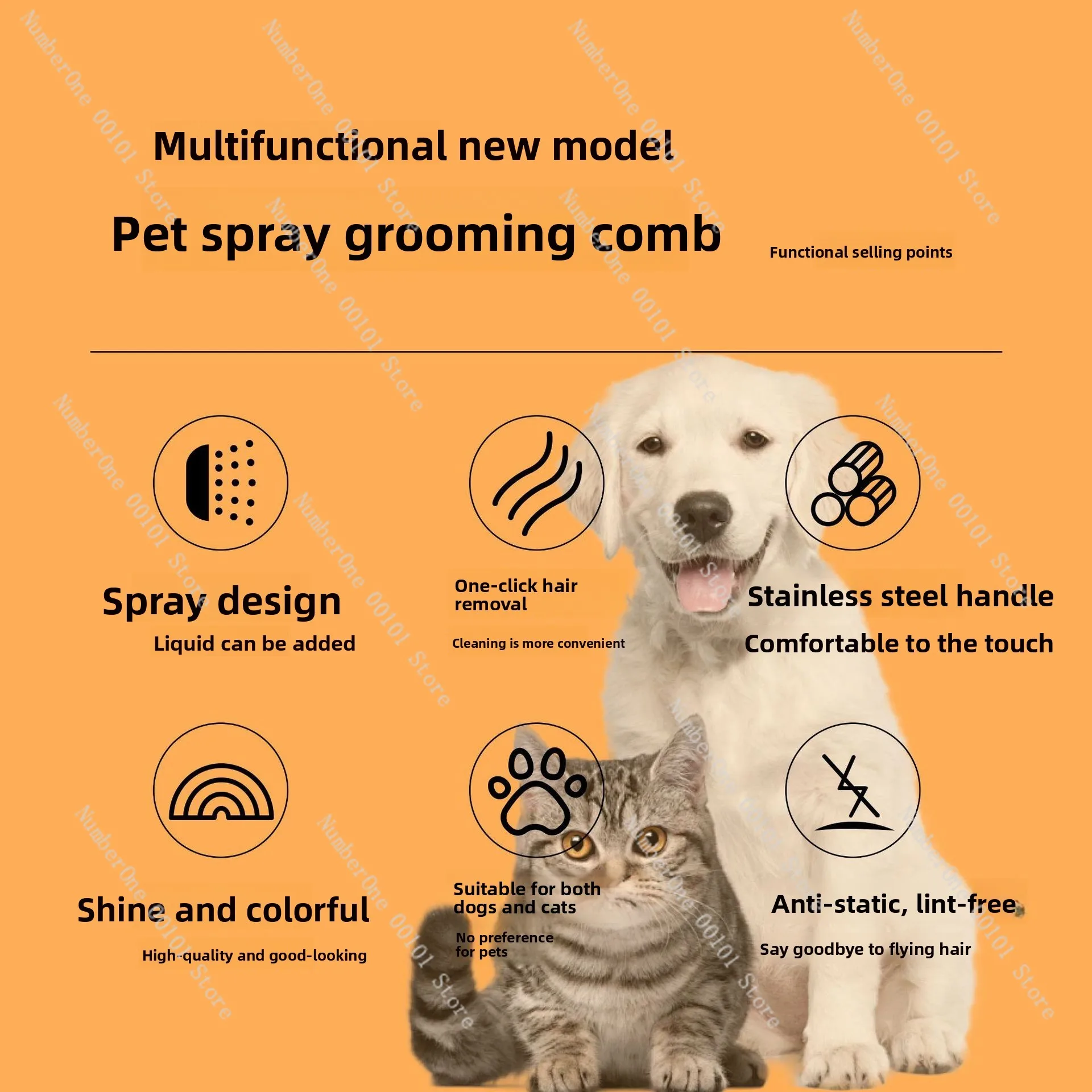 Pet comb one-button hair removal spray comb - remove flying hair/static electricity/odor