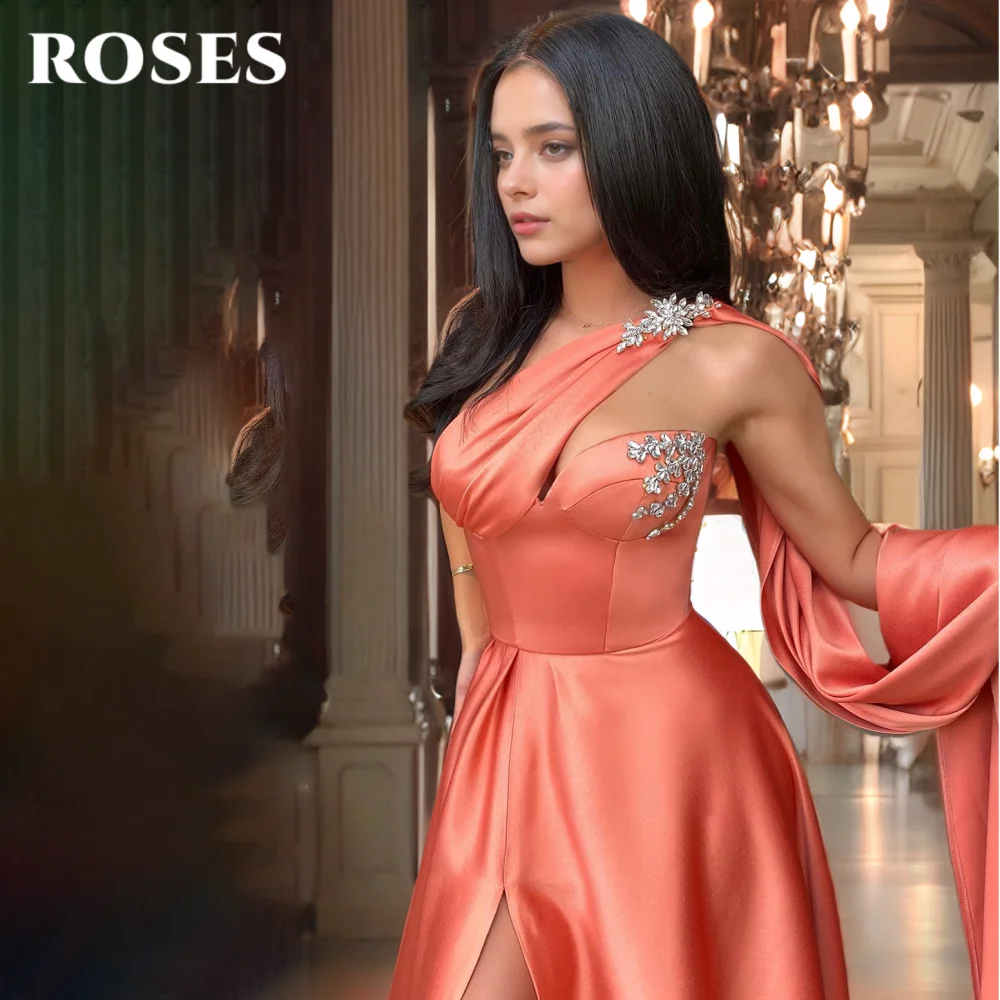 ROSES Elegant Modern Style Prom Dresses Sweetheart One Shoulder Prom Gown with Beadwork Satin Side Split Formal Gown Customized